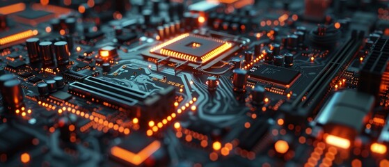 Obraz premium Closeup of a highlighted microchip on a detailed motherboard