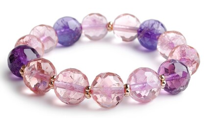 Close-up of a delicate pink and purple bracelet with gemstones, isolated white background, studio lighting