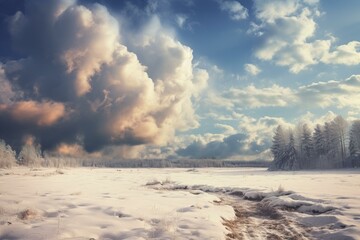 Dramatic clouds loom over a serene snow-covered landscape bathed in the warm glow of the setting sun