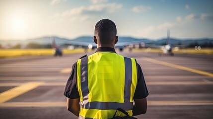 A rear view of an airport worker in a reflective safety vest standing on the runway with airplanes in the background.