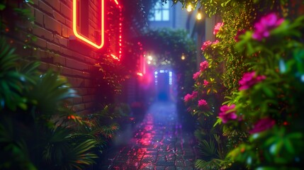 Neon Alley with Flowers and Wet Cobblestones at Night - ai generative