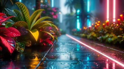 Neon Pathway with Tropical Plants at Night - ai generative - Powered by Adobe