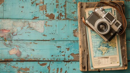 Close-up, artistic flat lay arrangement with a vintage camera, travel maps, and a handwritten journal on an old wooden table