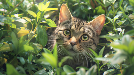 A cat is hiding in a bush with green leaves