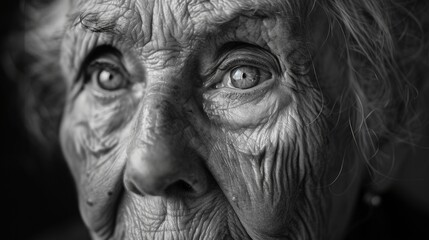 A black and white portrait of an elderly person with deep wrinkles and kind eyes, reflecting a lifetime of experiences.
