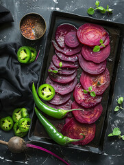 Slices of red beetroot on a dark tray with elements of green peppers, top view on a dark background
