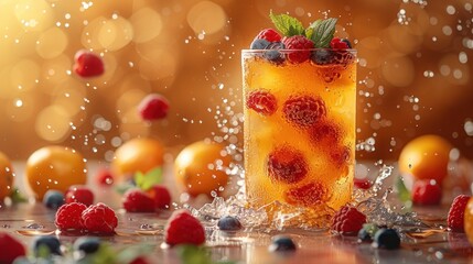 Fruit cocktail in a glass with raspberries and cherries