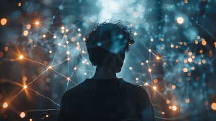 Obraz premium Back view of a young adult ensnared by a web of pulsating internet wires, surrounded by a haze of social media alerts