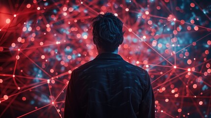Back of a man standing in a dense mesh of flickering cables, illustrating the entrapment of social media dependency