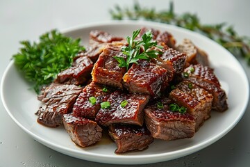 A white plate with the dish of braised duck, cut into small pieces of skin and meat stacked on top