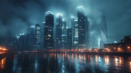 Fototapeta premium Connect the modern skyscrapers of Moscow City and put them in a row, dark background, real photo,