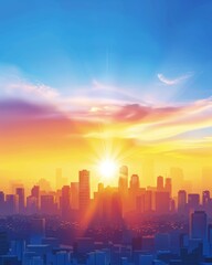 Fototapeta premium Minimalist city skyline clean lines, limited colors in sleek urban silhouette under bright daylight