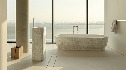 minimalist bathroom with a monolithic marble sink, floor-to-ceiling windows, and a freestanding tub with a floor-mounted faucet