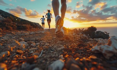 close up legs runner group running on sunrise seaside trail
