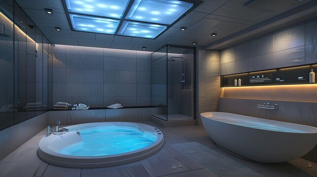 modern bathroom with a ceiling of adjustable LED panels mimicking natural daylight, a curved freestanding tub, and a digital interface for controlling all bathroom functions
