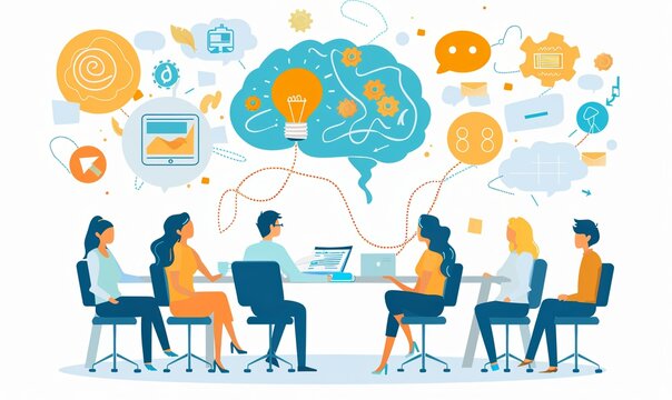 illustration creative agency business brain storm meeting presentation young people team discussing roadmap, planning to success concept