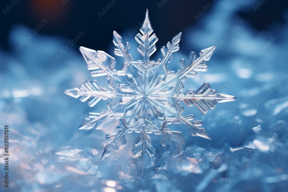 Poster close-up macrophotography of intricate snowflake crystal with a detailed and unique geometric patter