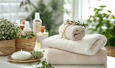 Towels with herbal bags and beauty treatment items setting in spa center in white room