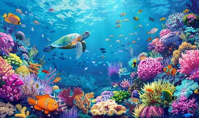 turtle with group of colorful fish and sea animals with colorful coral underwater in ocean