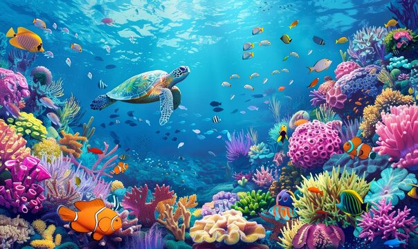 turtle with group of colorful fish and sea animals with colorful coral underwater in ocean