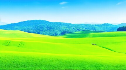 Obraz premium Scenic countryside view with green grass, rolling hills, and blue skyScenic countryside view with green grass, rolling hills, and blue sky