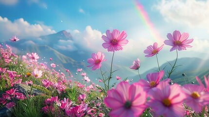 Pink cosmos flower in the grass with rainbow in rainy day, Generative AI.