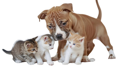 Obraz premium American Staffordshire Terrier plays with four little kittens. On a white background