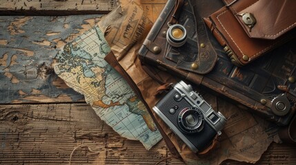 Artistic flat lay, close-up of a vintage camera, antique maps, and a leather-bound travel journal on a weathered wooden table