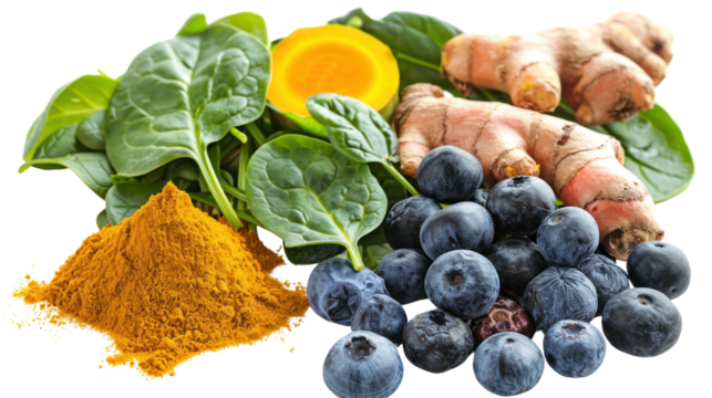 Anti-inflammatory foods like turmeric, berries, and green leafy vegetables Helps promote overall health on a white background