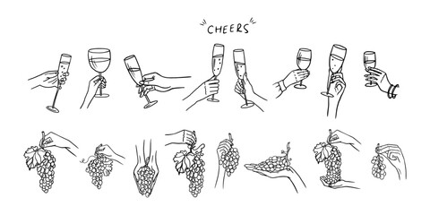 Set of hands with champagne glasses, wine glasses, grapes in hands, a bunch of grapes in a hand. Cheers. Alcoholic drinks. Great for bar menu, banner, greeting card, wedding, celebration. Hand drawn