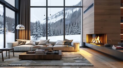 A modern living room with a large window looking out onto a snowy forest. There is a fireplace, coffee table, rug, and sofa in the room.

