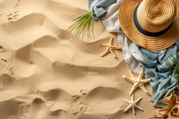 Beautiful holiday nautical background with beach sand, hat, sea stars, towel and green leaves...