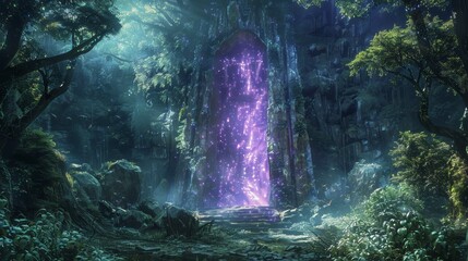 Obraz premium Mystical glowing light purple portal in enchanted forest surrounded by lush greenery, mysterious adventure and fantasy landscape.