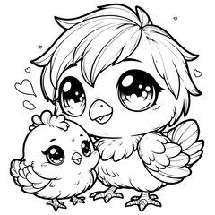 Obraz premium Cartoon of chicken and chick with simple lines for children to color in book pages. Drawing for vectorization
