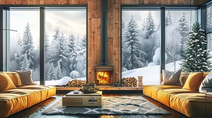 A living room with a large window looking out onto a snowy forest. There is a sofa, a coffee table, a rug, a fireplace, a bookshelf, and several potted plants in the room.


