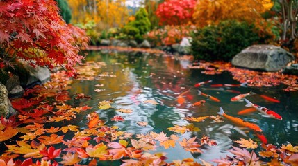 A serene pond surrounded by vibrant autumn foliage.