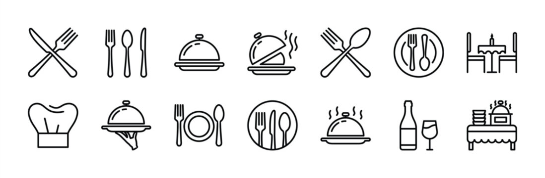 Catering thin line icon set. Containing fork, spoon, knife, plate, cloche, tray, chef hat, beverage, food, dining table, and waiter. Cutlery or tableware in restaurant. Vector illustration