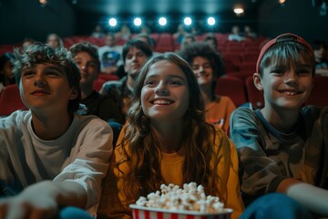 Group of teenager friends at the cinema watching a movies