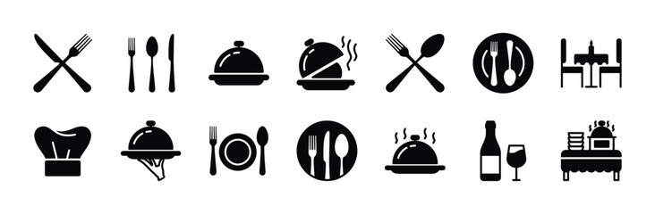 Catering icon set. Containing fork, spoon, knife, plate, cloche, tray, chef hat, beverage, food, dining table, and waiter. Cutlery or tableware in restaurant. Vector illustration