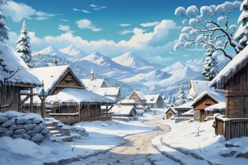 Captivating digital art of a serene snowy village nestled in alpine mountains during winter
