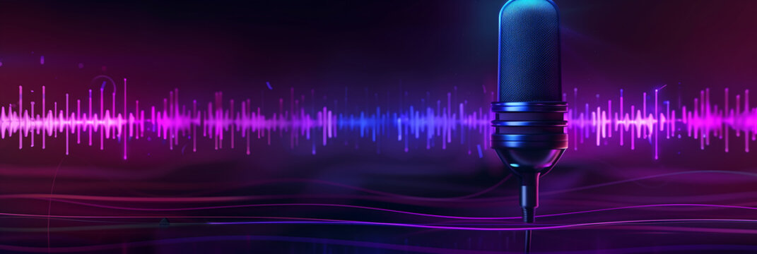 Professional  Podcast microphone with blue and purble ligthing waves recording studio background