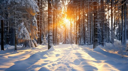 A snow-covered forest with sunlight filtering through the trees.