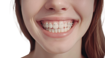 Beautiful smile and white teeth of a young woman with braces on a white background