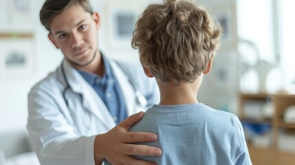 Fototapeta premium Pediatrician examining child's back in a brightly lit clinic.