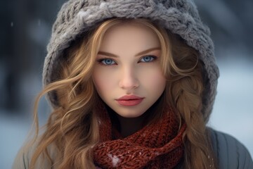 Portrait of a beautiful young woman with blue eyes wearing warm winter attire against snowy background