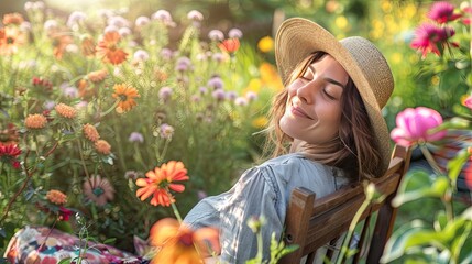a 30 year old woman in a straw hat resting happily on a wooden chair in a garden full of flowers in spring.