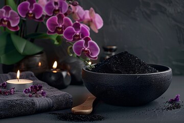 a bowl of black powder next to purple flowers