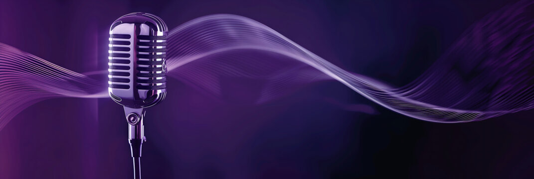 Studio microphone on mic stand against purple background with audio waves concept for podcast 