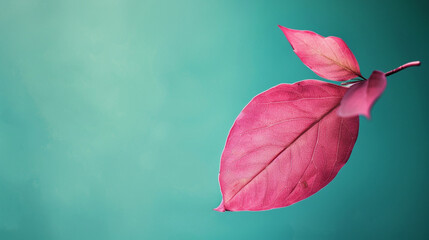 Pink leaf against turquoise, leaf on top right.