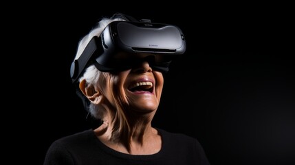 old Lady in vr headset wearing black shirt isolated dark background stock photo many space for text